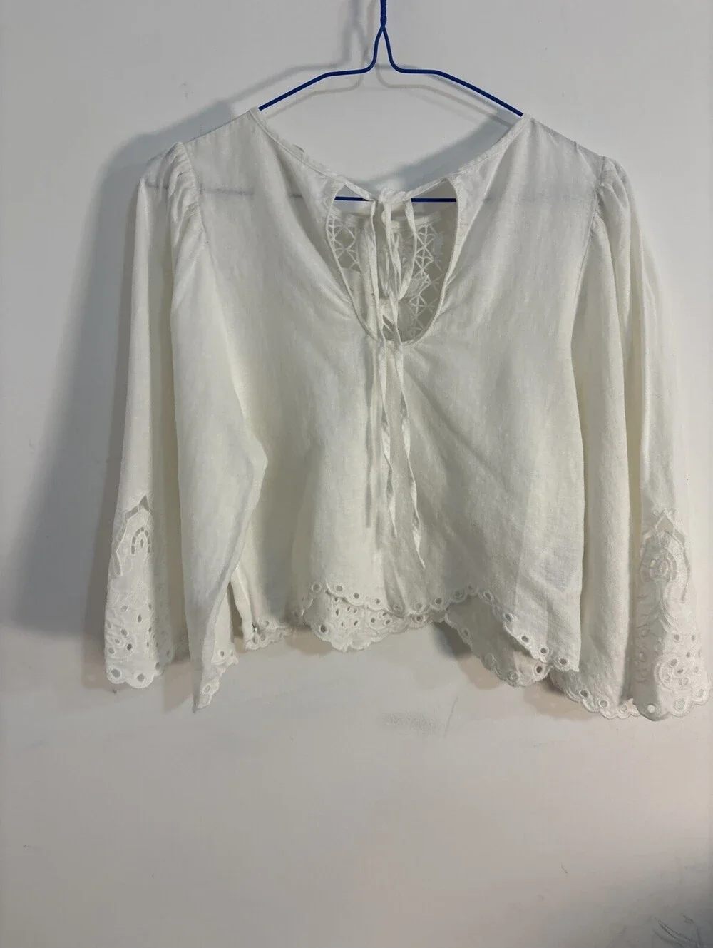 H&M Linen Blend Eyelet Crochet Blouse White Long Sleeve Crop Top Small NWOT